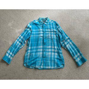 H&M LOGG Plaid Shirt Mens Medium Teal White Button Up Long Sleeve Casual